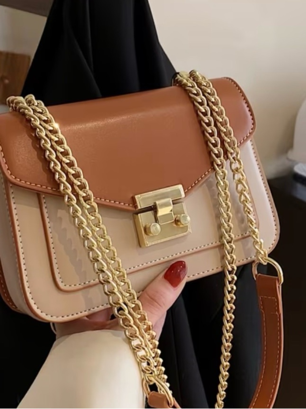 Two-Tone Brown and Cream Chain Crossbody Bag with Gold Lock